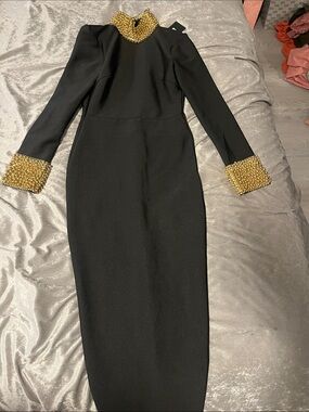 Fashion Nova Black Long Sleeve Midi Dress with Gold Beaded Collar & Cuffs